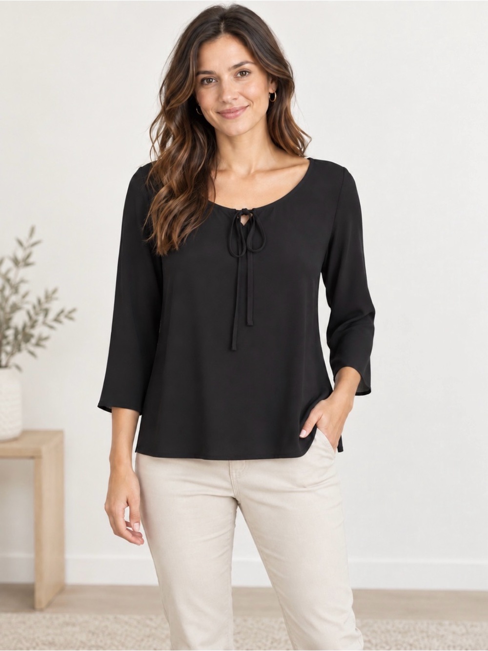 Max Studio Black Front Tie Blouse Side Vents Size L NWT